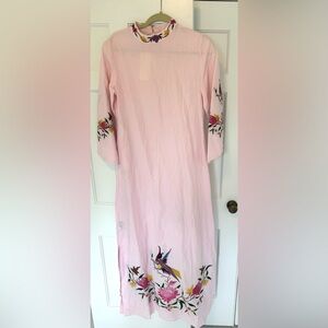 NWT Fanm Mon Asia Linen Pink Embroidered Long Sleeve Dress in Size Small